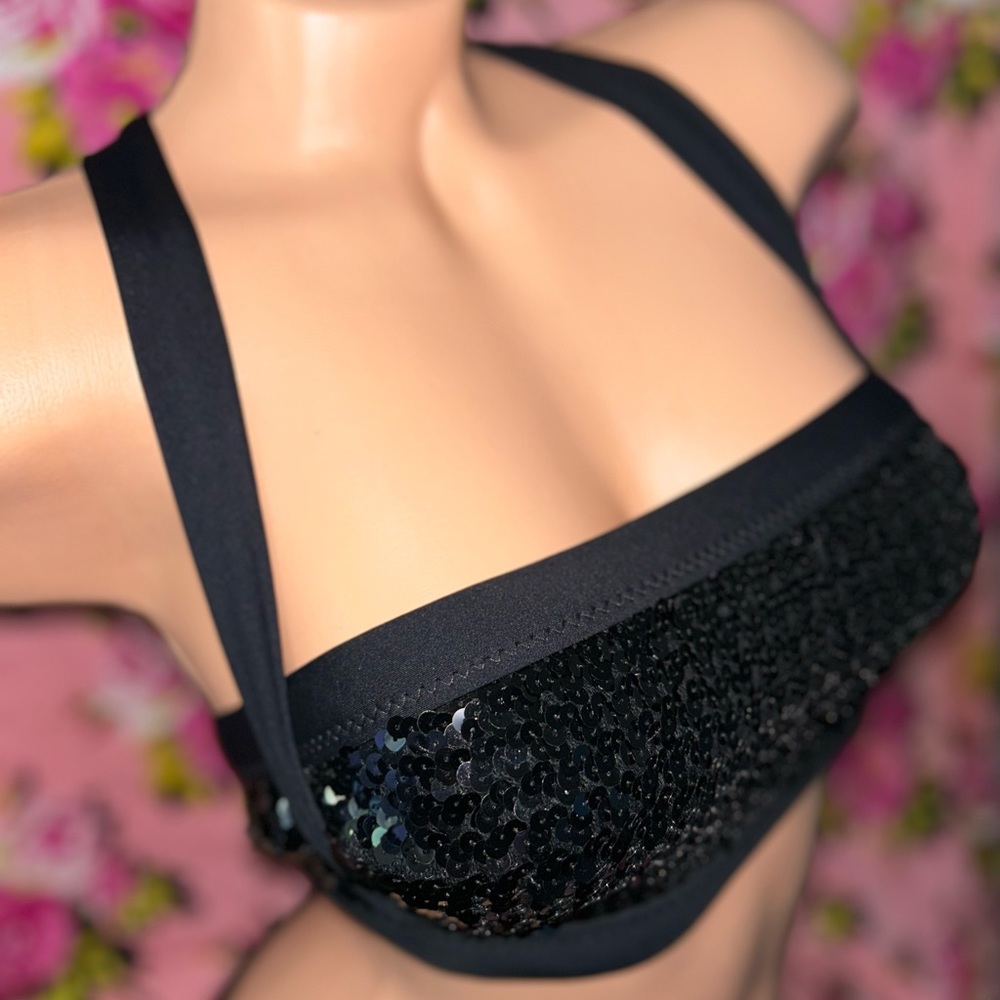 Betsey Johnson vintage black sequin bow bikini swimsuit cabaret burlesque goth - Picture 10 of 11